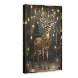 Reindeer with Antlers in Christmas Lights Print, Winter Elk Fawn Printable, Deer Сottagecore Decor, Vintage Painting, Wall Print