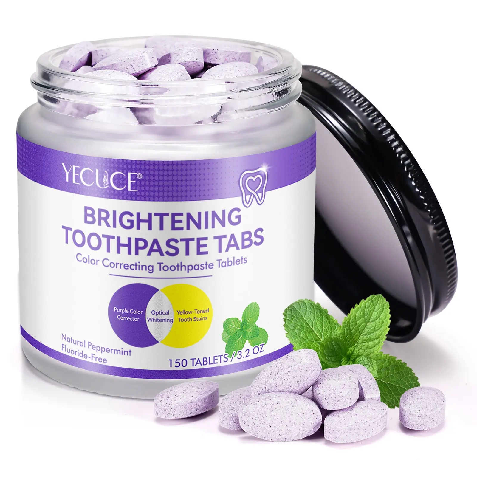 YECUCE Brightening Toothpaste Tablets, Whitening, Gentle tooth care, in solid form for easy portability, effortlessly cleans the mouth, suitable for all ages