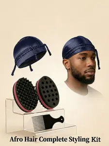 Afro Curly Hair Styling Tool Set, Afro Hair Styling Kit, Large Hole Sponge Brush, Wave Hair Brush, Afro Pick Comb, Satin Wave Cap, Perfect for Coily, Kinky, Wavy Hair