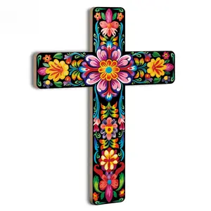 Mexican Style Spanish Religious Wall Cross Decoration, Stylish Religious Decor, Vibrant Floral Design Artificial Wood Art, Perfect for Home & Church Decor, Wooden Cross Decorations, Religious Ornaments