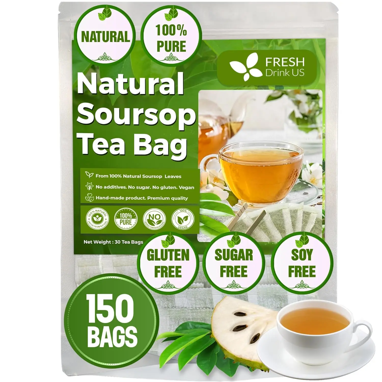 FreshDrinkUS, 150 Premium Soursop Graviola Leaf Tea Bags, 100% Natural and Pure from Soursop Leaves, Handmade, Made With Natural Materials-Corn Fiber Tea Bag, Sugar/Caffeine/Gluten Free, Hoja Guanabana Tea (Soursop, 150 Count (Pack Of 1)) Beverage