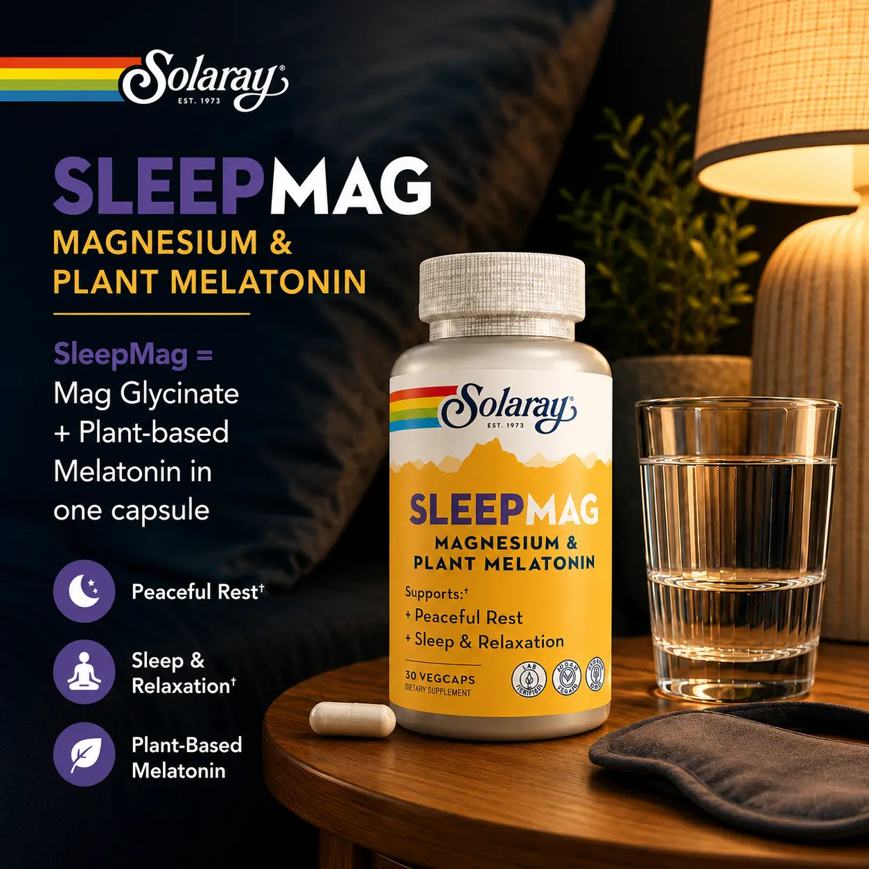 Solaray SleepMag — Magnesium Glycinate + Plant-Based Melatonin — Sleep Cycle Support