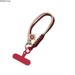 Trendy Smiley Face Paracord Wristlet - Viral Red Beige Braided Rope Keychain with Cute Smile Leather Tag & Red T-Bar Clip, Strong Metal Carabiner & Adjustable Grip, Lightweight , Perfect for Keys Phone Bag Purse Charm Daily Carry Travel