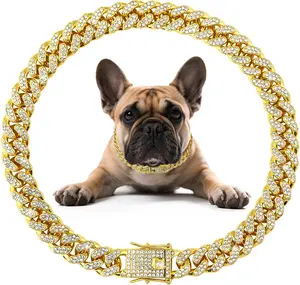 Dog Chain Diamond Collar Walking Metal Chain Necklace with Secure Buckle Pet Cuban Style Collar Jewelry Accessories for Small Medium Large Dog Cats