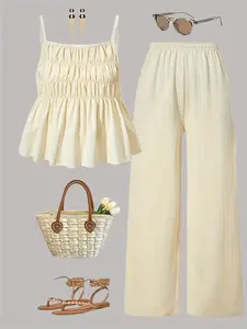 Casual Basic Wrinkled Texture Halter Top & Wide Leg Pants Set, 2 Piece for Daily Wear, Vacation, Sister Photos, Spring Summer Clothing, Womenswear