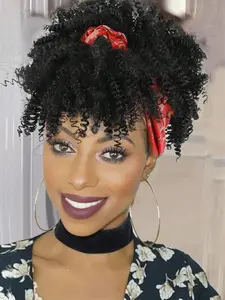 Women's Headband Wig, Afro Kinky Wigs Curly Design, Synthetic Material Wigs Short Hair, All-Season Wear, Bob Style, Easy-To-Wear Headwrap