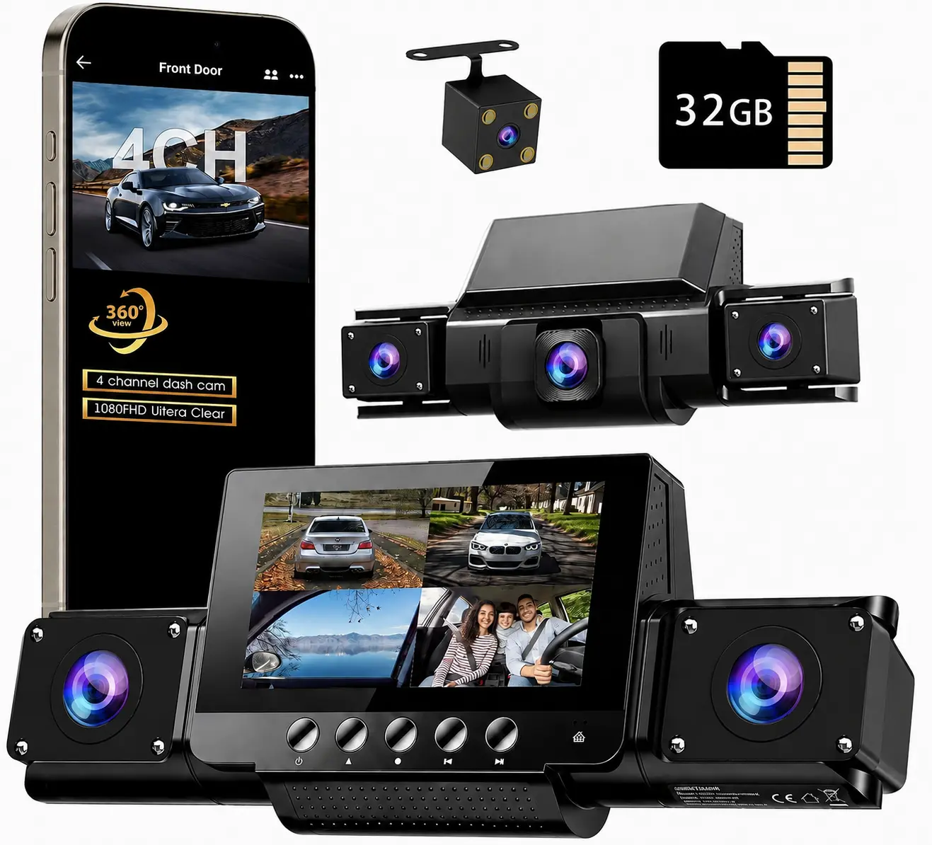 4-Channel 360° View Dashcam for Cars - Front, Rear, Left, Right & Inside Cameras, 160° Wide Angle, Night Vision, WDR, 24H Parking Mode, Supercapacitor, Included 32GB Card