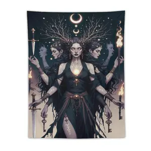 Mystical Triple Moon Goddess Tapestry Occult Witchy Wall Art Esoteric Dark Aesthetic Home Decor For Spiritual Altar Gothic Bedroom And Witchy Living Space