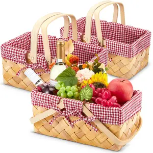 3 Pcs Small Woodchip Picnic Baskets with Handle Hand Woven Harvest Basket with Gingham Blanket Lining Easter Eggs and Candy Basket for Baby Shower Gifts Flowers Candy Storage(Wood Color)