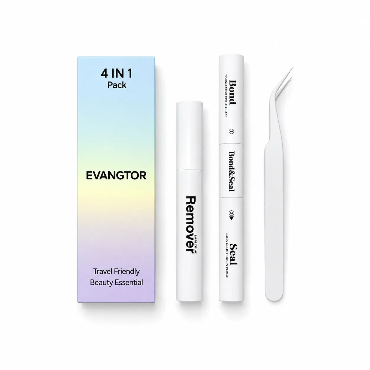 4-in-1 Cluster Lashes Kit with Waterproof Long-Lasting Eyelash Bonding Glue, Bond Seal, Remover, Tweezers - For Lash Extensions, Makeup Use, Flawless, Cosmetic, Long Lashes Beauty