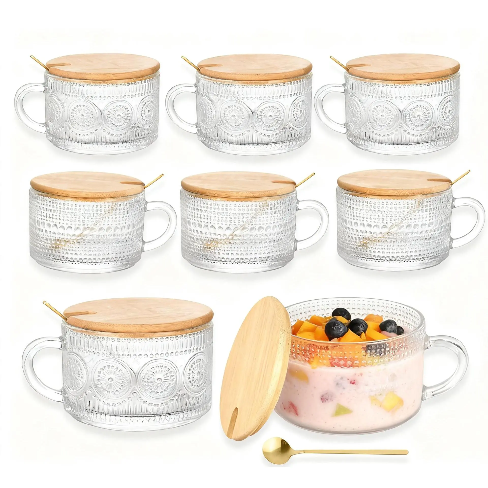 Vintage Aesthetic Glass Mug Sets - 8pcs 14 Oz Large Capacity Espresso Coffee Cups with Bamboo Lids & Spoons, Creative Mix Glass Beverage Cups, Elegant Kitchen Drinkware