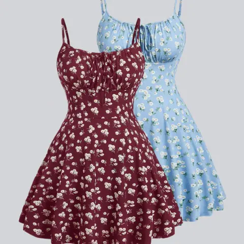 Women's Casual Ditsy Floral Print Knitted Spaghetti Strap Cami Dress, Boho Chic Style Elegant A-line Dress, Boho Fashion, Simple Versatile Summer Wear, Casual Beach Daily Wear Sundress, Perfect for Vacations, Dates, Beach and Concerts