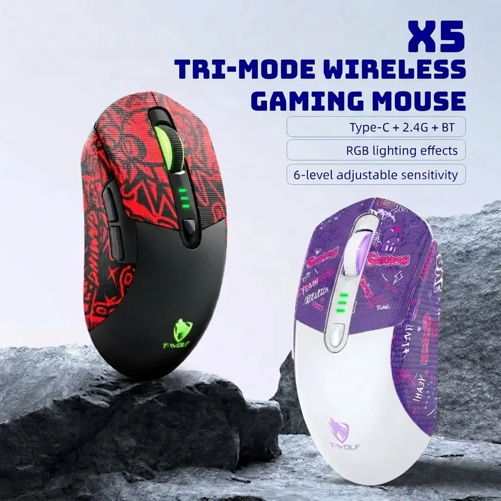 T-WOLF X5 RGB Wireless Gaming Mouse, Black & White Options, Tri-Mode Rechargeable Mouse with Bluetooth 2.4G USB-C, 12800 DPI PC Gaming Mouse with Free Trendy Stickers