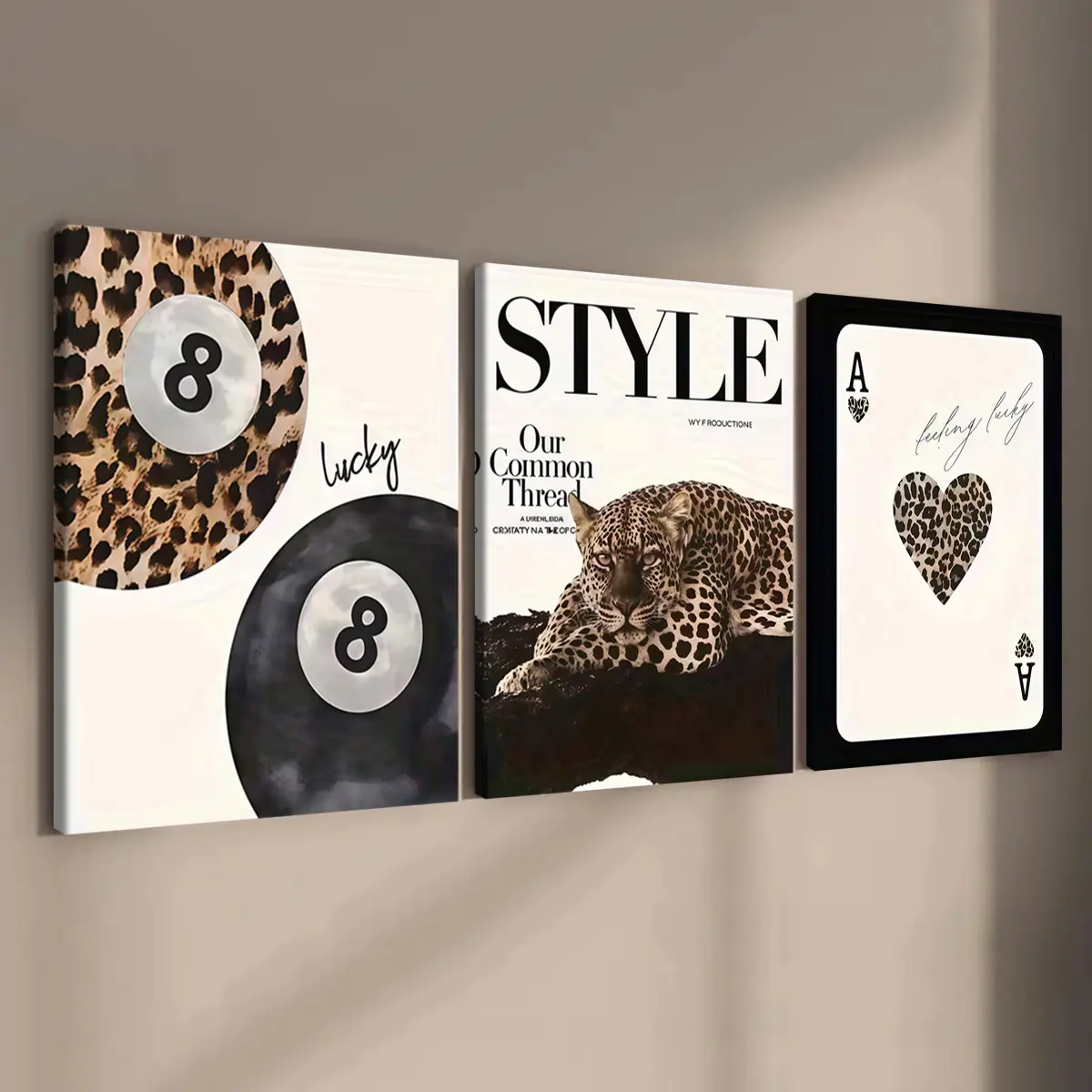3-count wooden frame canvas, leopard print element three-in-one decorative poster, Framed wall art, perfect home decor, waterproof, art