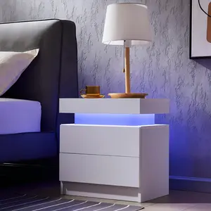 Spaco Smart Touch-Activated LED Nightstand - Modern White Bedside Table with 2 Storage Drawers