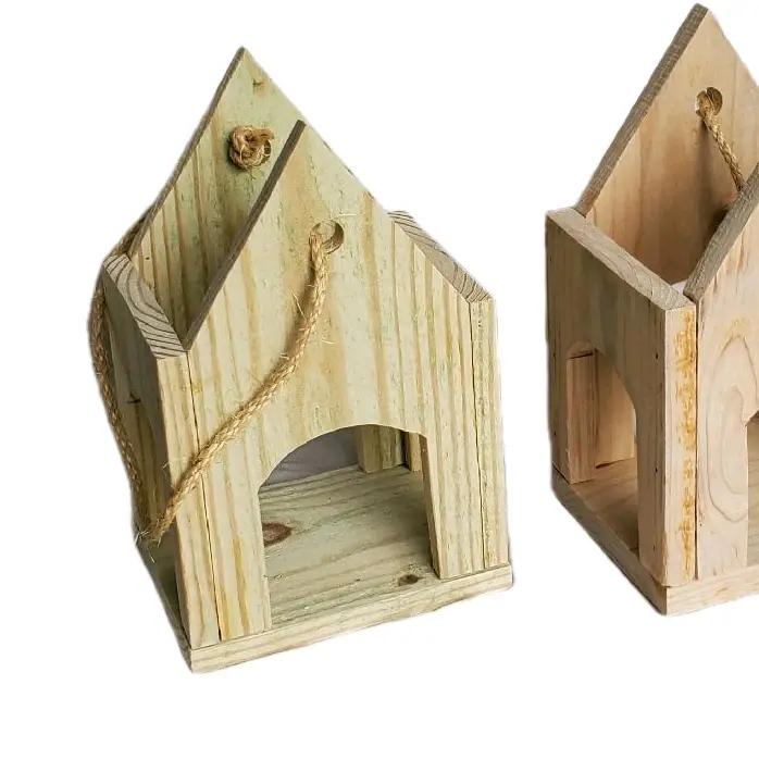 6" Hand Crafted Wooden Lanterns with Rope Handle Natural Wood Design Decorative Item, (Pressure Treated PT), Pointed (Pitched) Top.
