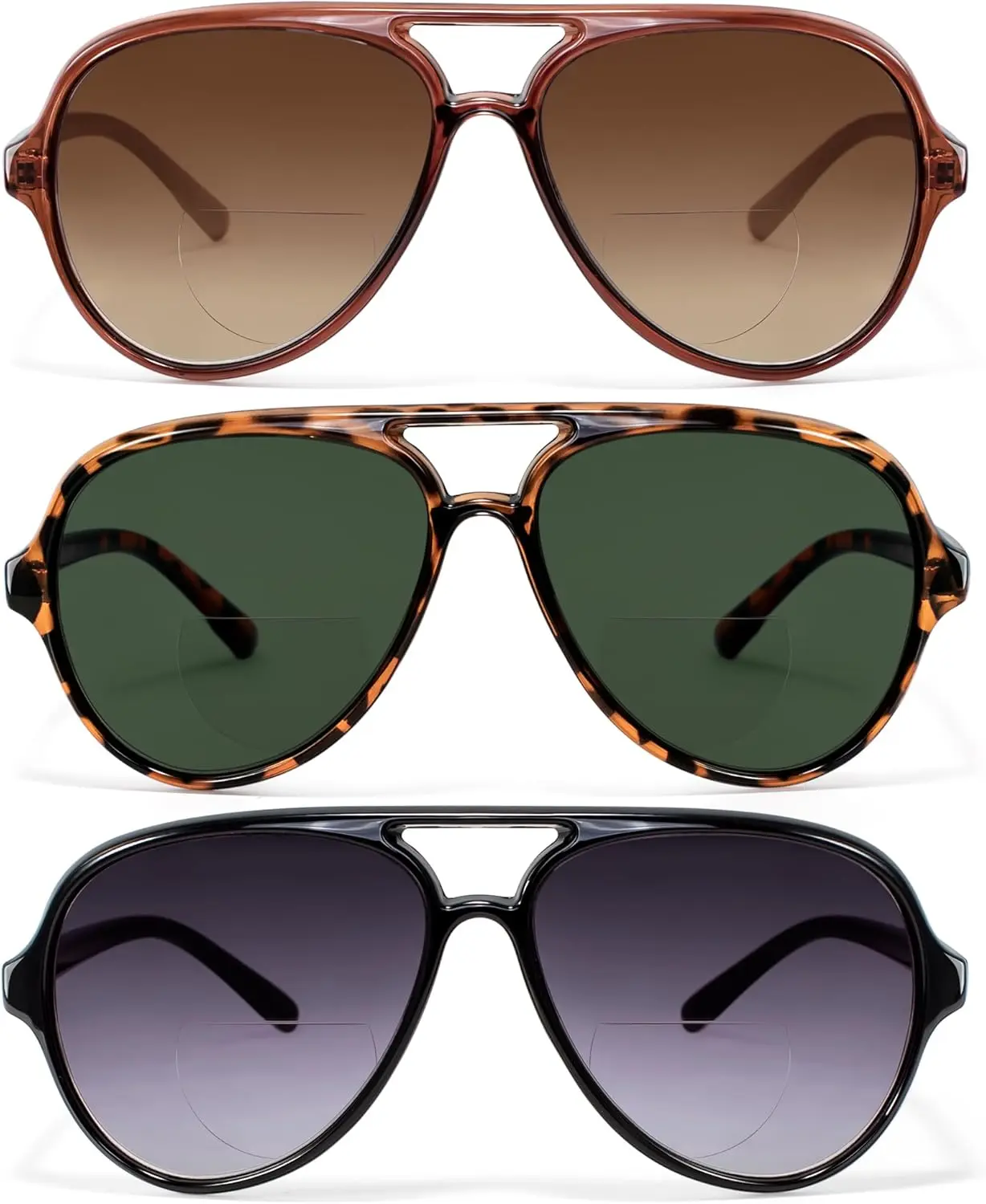 3 Pack Retro Aviator Bifocal Reading Sunglasses for Women Men UV400 Protection Classic Square Sun Readers