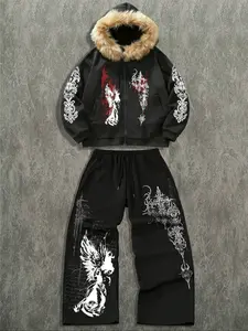 TikTok Trending Dark Fantasy Two-Piece Set, Gothic Clothes, Black Style with Fur-Hooded Jacket (Angel Graphics) & Oversized Joggers (Angel Patterns), Ideal for Gothic-Inspired Winter Outfits During Black Friday Sales and Christmas Gift Ideas