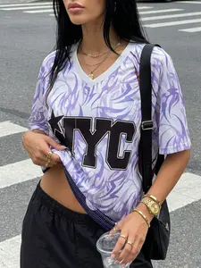 Nyc Flame Lotus Print Vintage Baseball Jersey Short Sleeve T-Shirt, Women's American Streetwear Loose Oversized Y2K Top