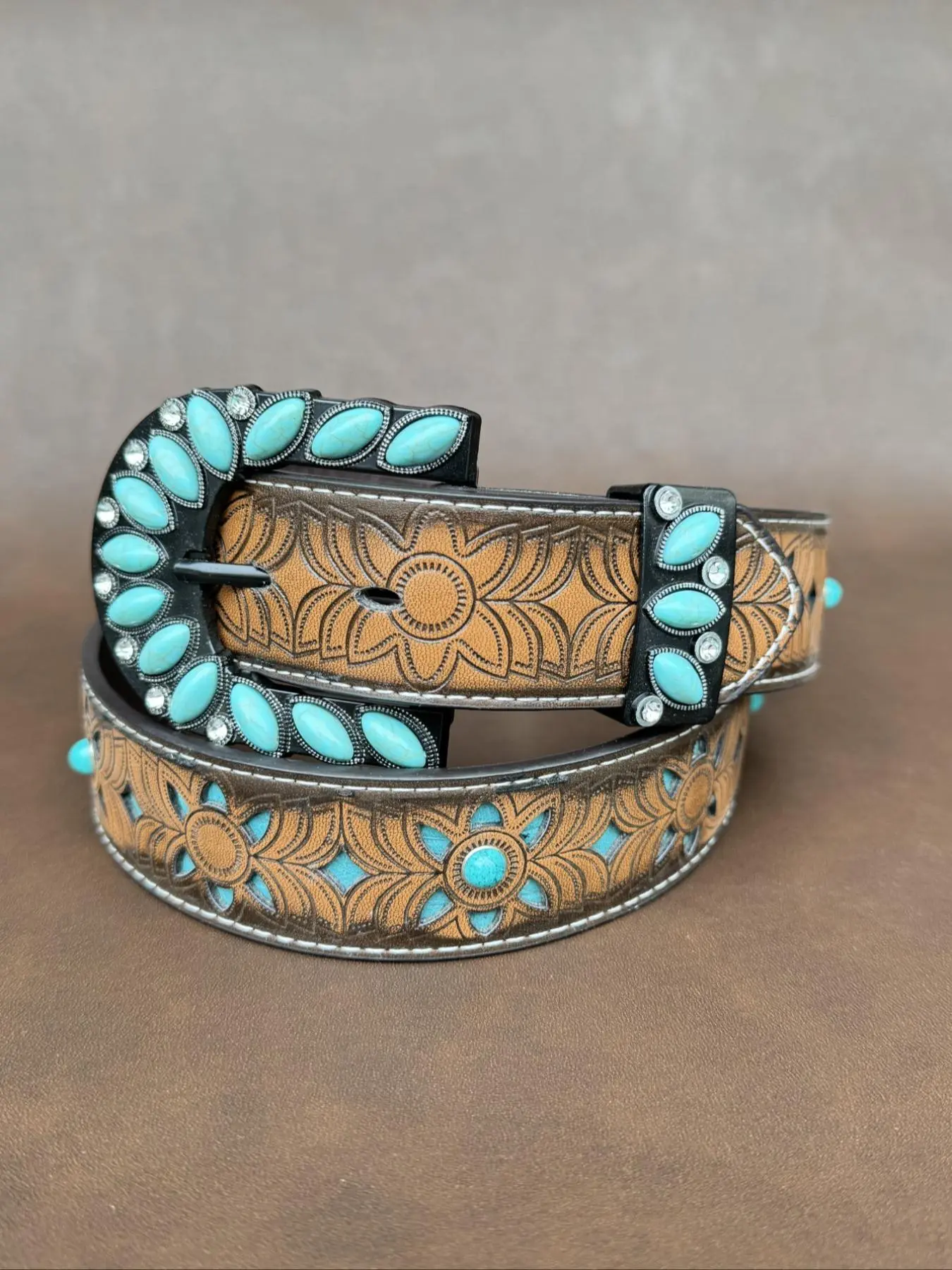 Boho Style Ethnic Pattern Embossed Western Buckle Belt, Vintage Cowboy Cowgirl Belt for Women & Men, Stylish Belts, Belt with Buckle, Fashion Accessories for Daily Wear