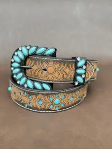 Boho Style Ethnic Pattern Embossed Western Buckle Belt, Vintage Cowboy Cowgirl Belt for Women & Men, Stylish Belts, Fashion Accessories for Daily Wear