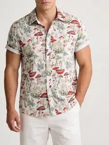 Men's Mushroom Print Casual Short Sleeve Shirt, Summer Men's Button-Front Top, Comfortable Daily Wear, Stylish Design, Casual Graphic Shirt