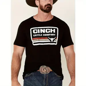 100% Cotton Cinch Cattle Company Retro T-Shirt for Men – Western Denim Short Sleeve Crew Neck with Bull & Stripe Design, Casual Summer Shirt for Outdoor Activities & Golf, Machine Washable