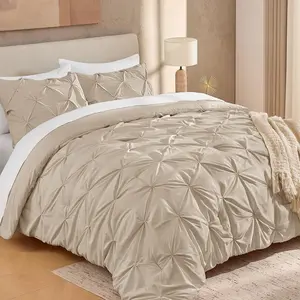 Full Comforter Set Khaki, 3 Pieces Pleat Bedding Comforters & Sets, Pintuck Lightweight All Season Bed Set for Men Girls(79x90Inch)