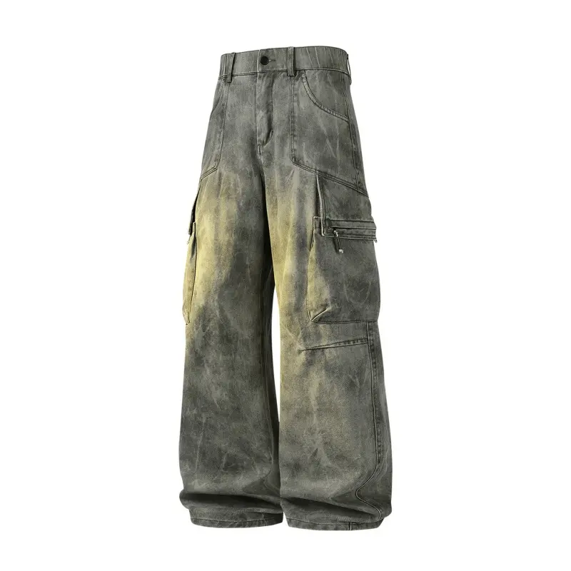 Men's Retro Wide-Leg Cargo Jeans, Mid-Waist Loose Fit Heavyweight Cotton Denim with Flap Pockets and a Cuffed Hem for Streetwear, Casual, Pants, Camouflage, Christmas, Trouser, Stylish, Easter, Heavy Cotton, Loose-Fitting, Straight Leg, Full Length