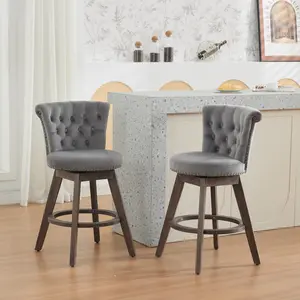26" Counter Height Bar Stools Set of 2, 360° Swivel Stools with Back & Hand - Tufted Button - Trimmed Edges, Upholstered Velvet Kitchen Counter Stools on Wood Legs, Gray, SW1868GY