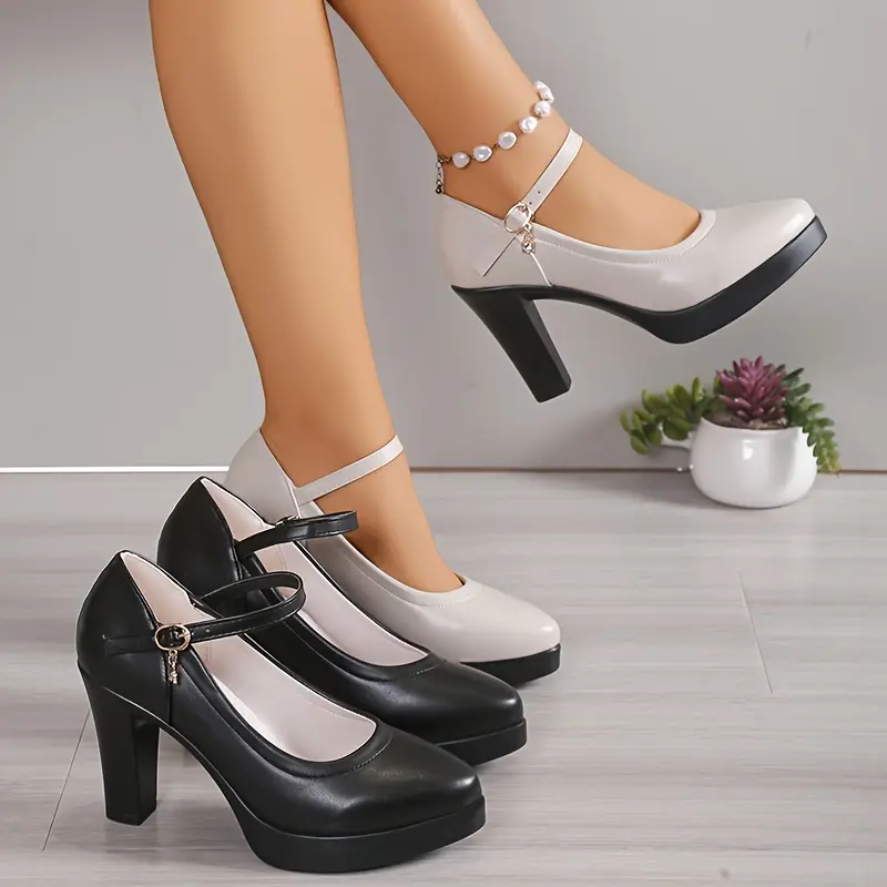 YYW1 Faux Leather Chunky Heel Female Shoes - Women's Pointed Toe Ankle Strap Mary Dress Shoes - Ultra-Light, Sexy Look, All-Match, Ankle Straps