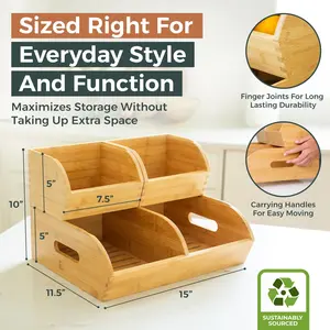 3 Pack Potato and Onion Storage Bin for Pantry and Kitchen Counter - Ventilated Stackable Bamboo Organizer Baskets with Handles - Multipurpose Organization Containers for Fruit, Vegetable, Pantry
