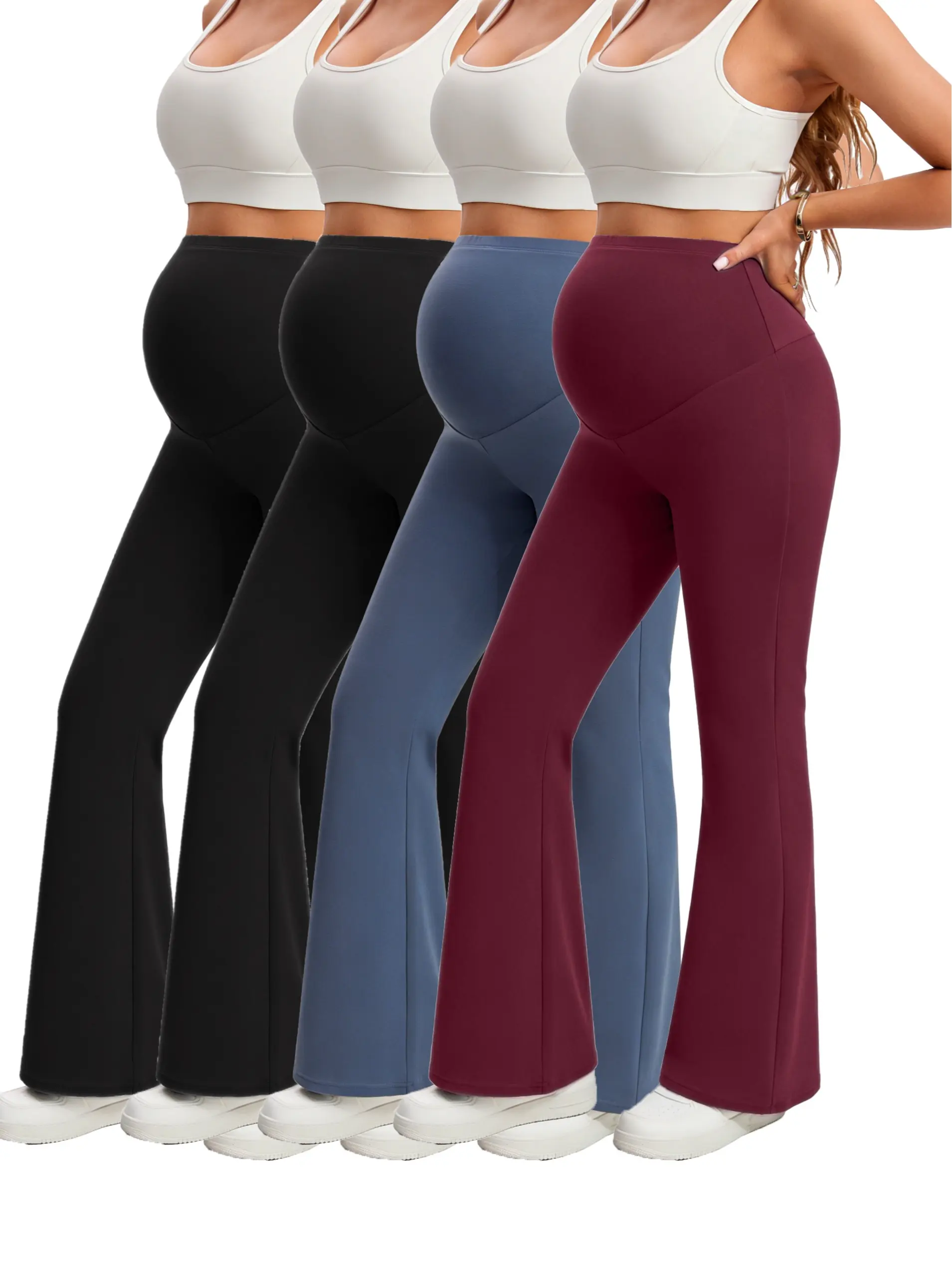 4-Piece Set: Butter-Soft Maternity Flared Pants | High-Waisted Stretch Maternity Flared Pants | Casual Yoga and Work Pants | Perfect for Expectant Mothers