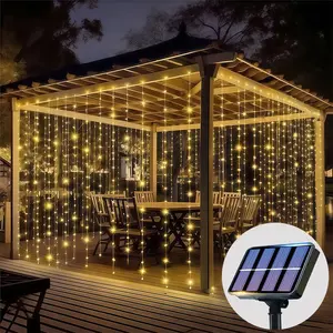 Outdoor Solar Curtain Lights, LED String Lights with 8 Modes, Wedding Garden Bedroom Decor, Indoor Outdoor Wall Decoration