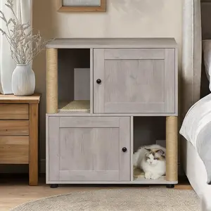 Double Cat Litter Box Enclosure Furniture with 2 Scratching Posts & Mats, 2-in-1 Hidden Cabinet for 2 Cats, Large Dual Litter Box Cabinet Odor Control with Storage