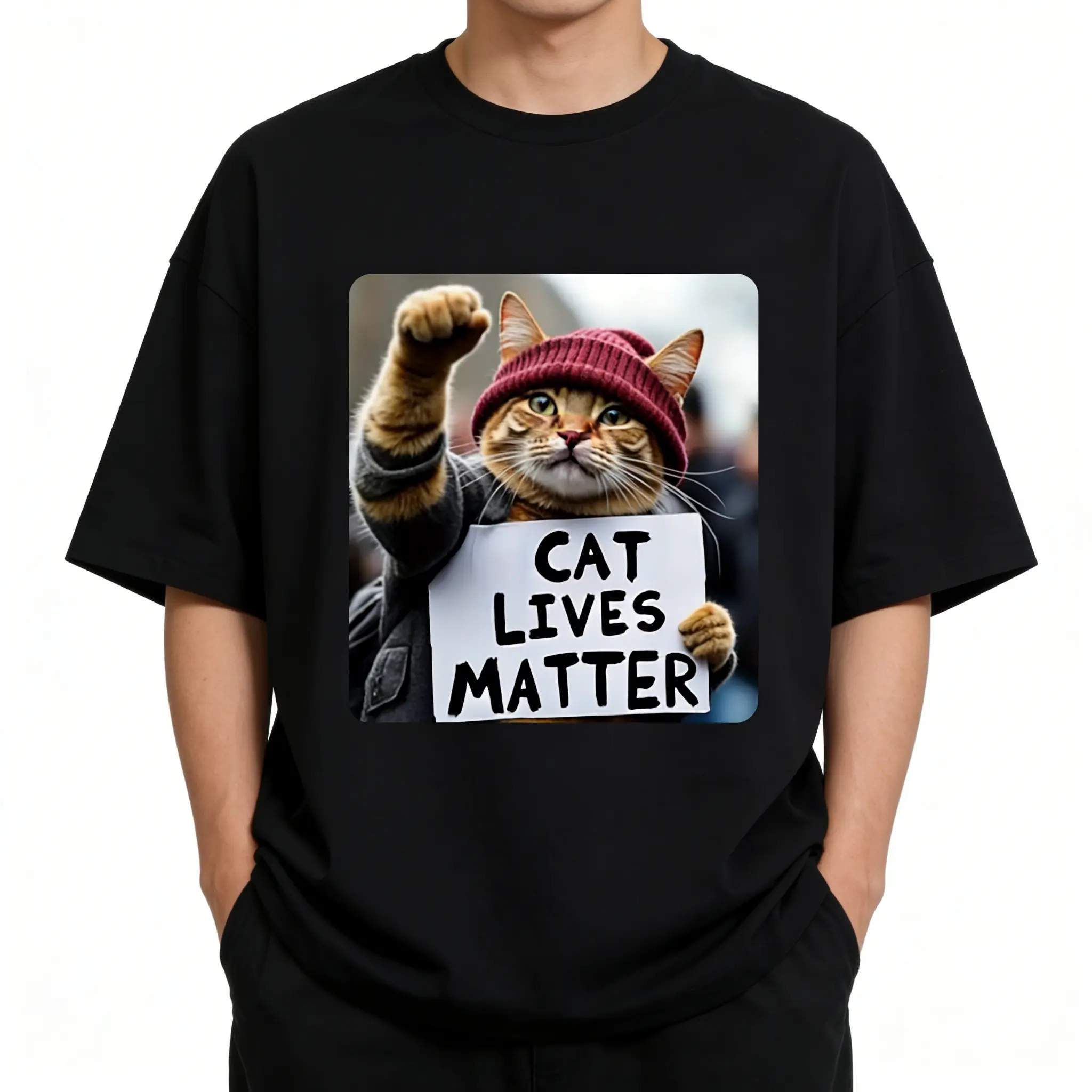 Summer men's T-shirt, fun cat pattern T-shirt - breathable, stretchy round-neck T-shirt, geometric pattern design, suitable for all seasons, casual T-shirt