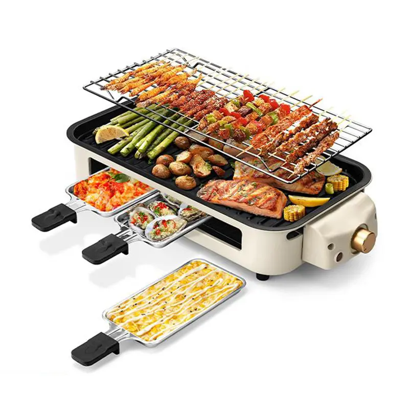 Pukomc Stainless Steel Electric Tabletop Nonstick Flat Top Grill and Griddle - 1500W Indoor Grill Cooktop, 3 Raclette Pans, Adjustable Thermostat, Dishwasher Safe (Yellow)
