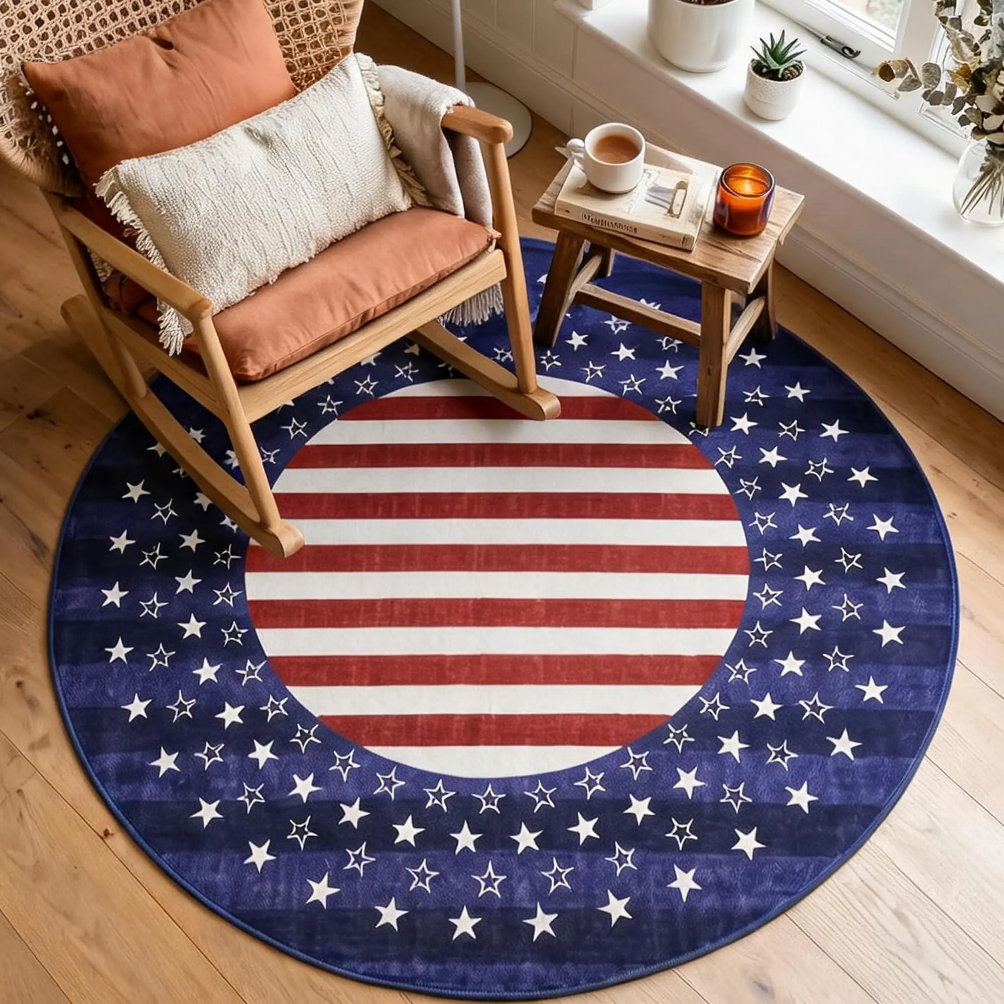 6ft Round American Flag Area Rug, Machine Washable USA Patriotic Carpet, Non-Slip Circular Floor Mat for Living Room, Bedroom, Dining Table, Office, Home Decor, Blue Red Stripes