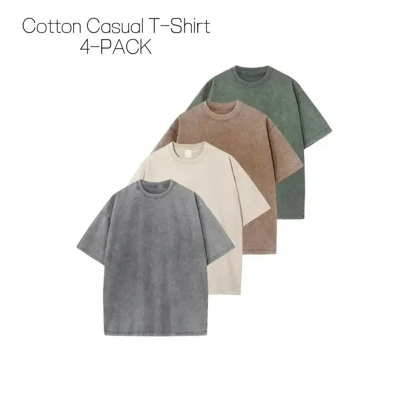 Distressed Washed Cotton 4-Pack Tees Breathable Sports Couples Plain Short Sleeve Black Cream Brown Blue Basic Oversized Tops Running Training Couple Matching Daily Wear,clothes for back to school,first day of school outfits
