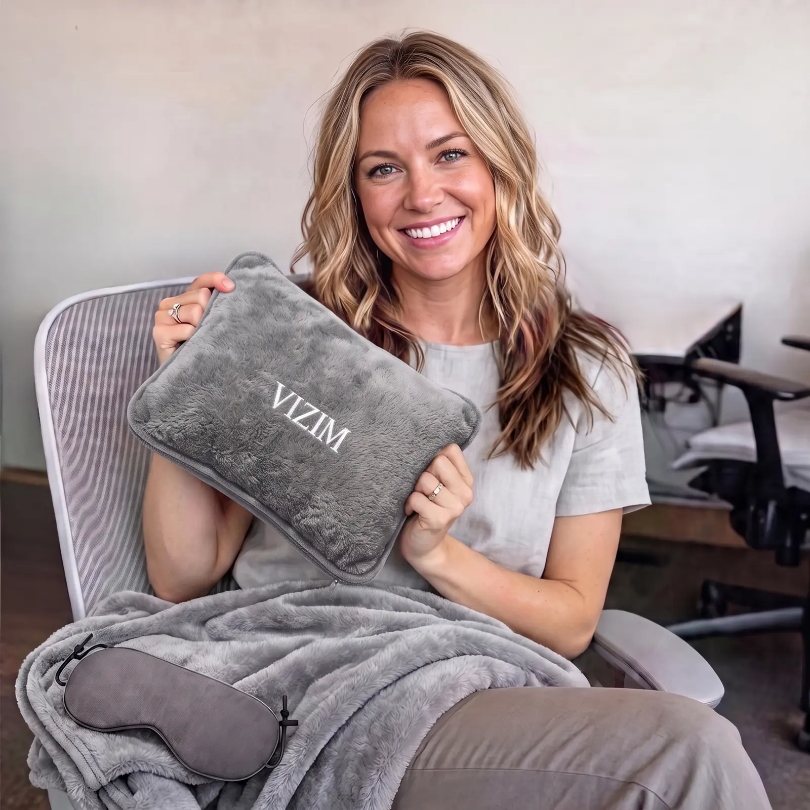 VIZIM 3-in-1 Cooling Blanket Pillow Set - 59.06x47.24in Polyester Portable Skin-Friendly Blanket, Inflatable Travel Pillow, Eye Mask, Storage Bag for International Travel, Camping