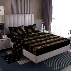 American Flag Camo Bedding Set,Military Hunting Bed Sheets Rustic Tree Leaves Camouflage Bed Sheet Set for Boys Teens Kids Man Nature Conifer Oak Branches Fitted Sheet & Flat Sheet