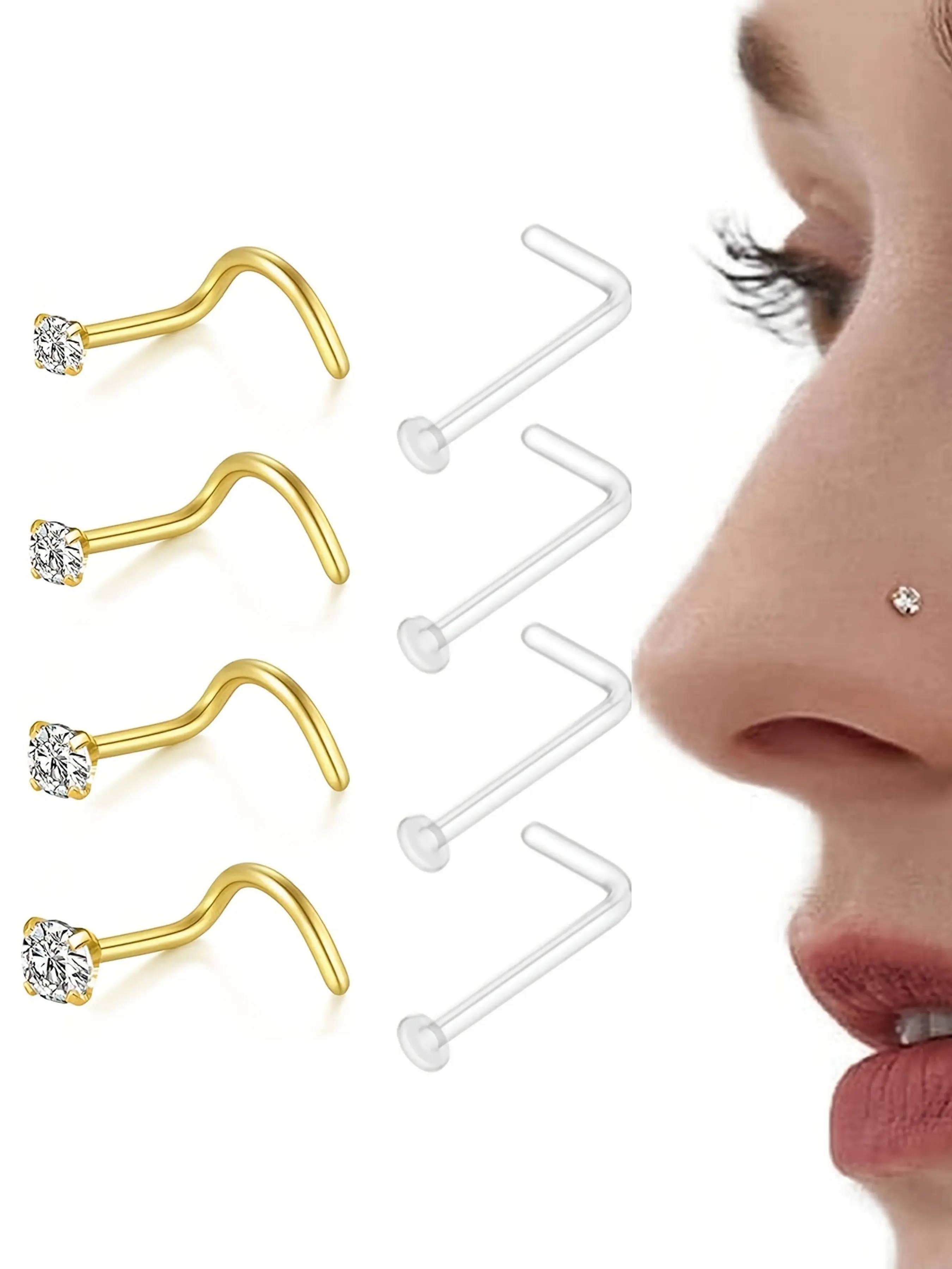 8pcs 20g Clear Nose Rings Studs, Cz Screw S-Shaped Plastic Bioflex Nostril Piercing Retainer, Nose Piercing Jewelry, Body Piercing Jewelry, Daily Use & Gift-Giving Occasions