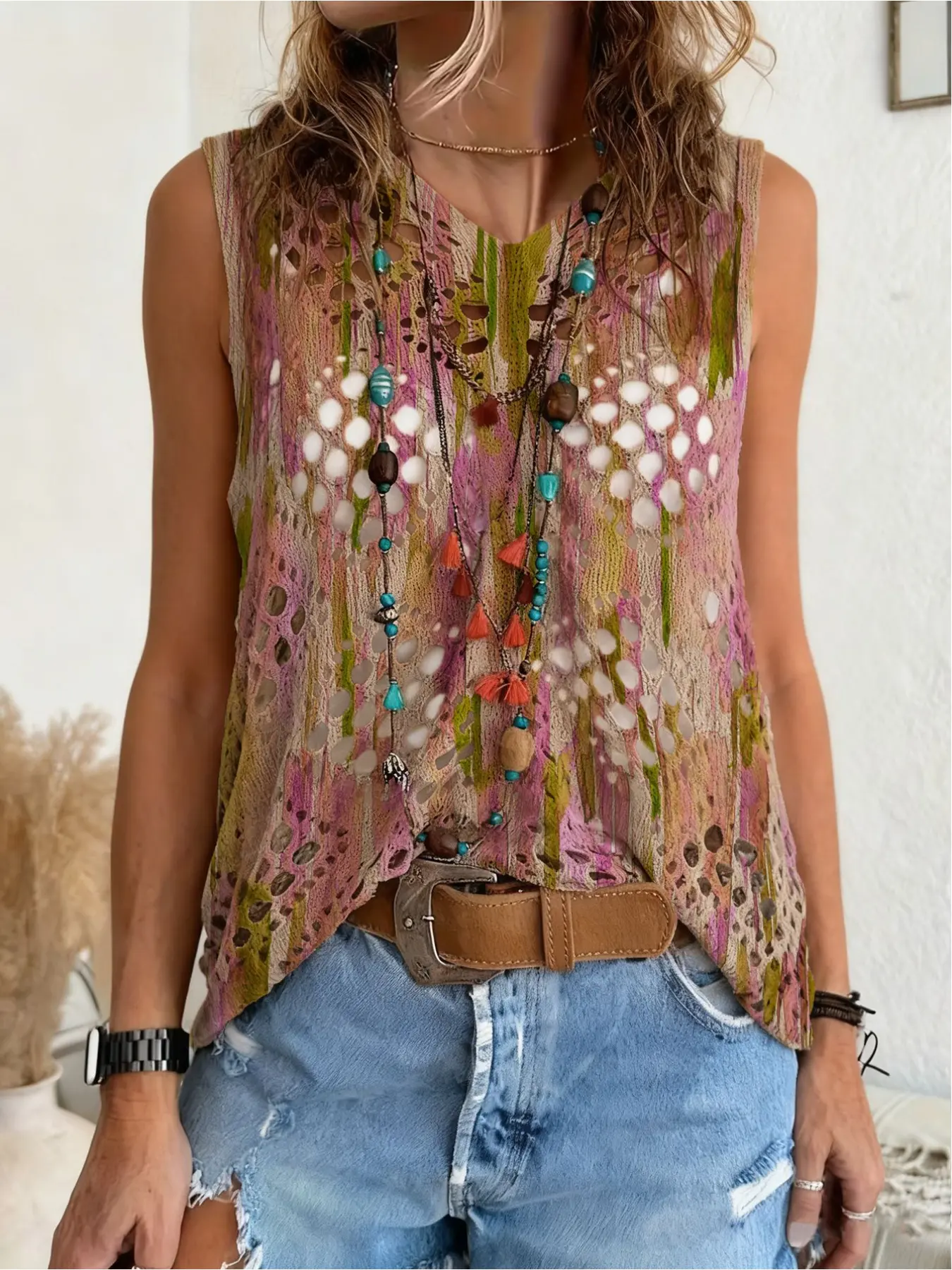 Spring and summer collection, V-neck diamond hollowed out sleeveless cardigan, contrast print women's knitted top, Casual fashionable top, vacation style, casual commute, bikini cover-up