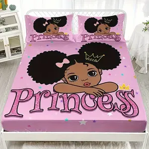 Cute Princess Themed Fitted Sheet & Pillowcase Set, 1 Fitted Sheet + 2 Pillowcases, Playful Royal Bedding, Bed Sheets, Casual Style