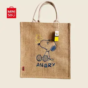 [Random Style] MINISO SNOOPY Series Jute Tote Bag Durable & Eco-Friendly Large Capacity Stylish Peanuts Design for Versatile Daily Use Beach Shoppin Travel Outdoor Activities Ideal Perfect Gift for Snoopy Fans Kids Girls Woman Handbag