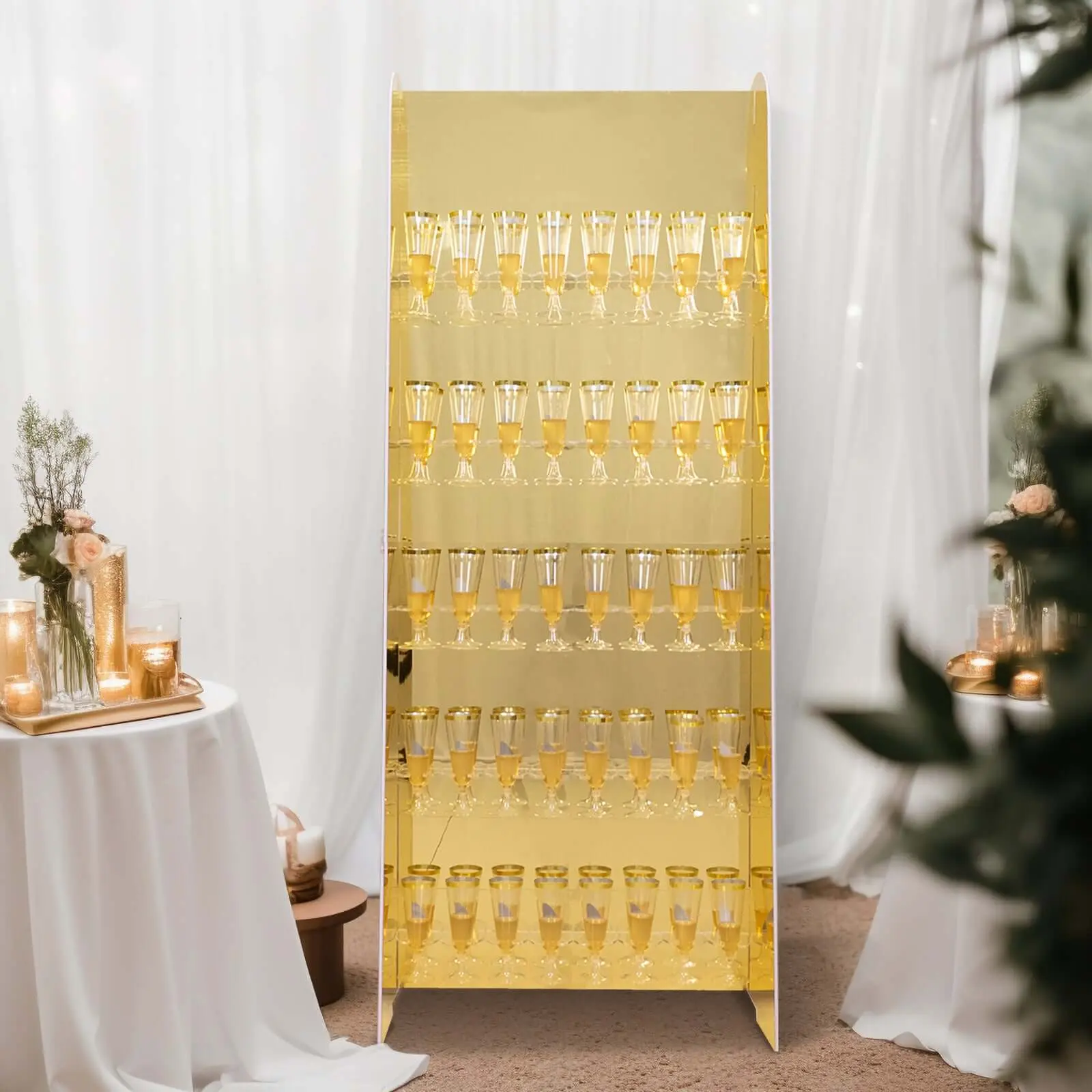 5-Tier Gold Mirror Finish Champagne Wall Glass Holder - 40 Stemware Beverage Holder, 5ft Flat Pack Assembly Kit Racks & Displays for Bridal Showers, Dinner Parties Home Storage Organizer, Event Display