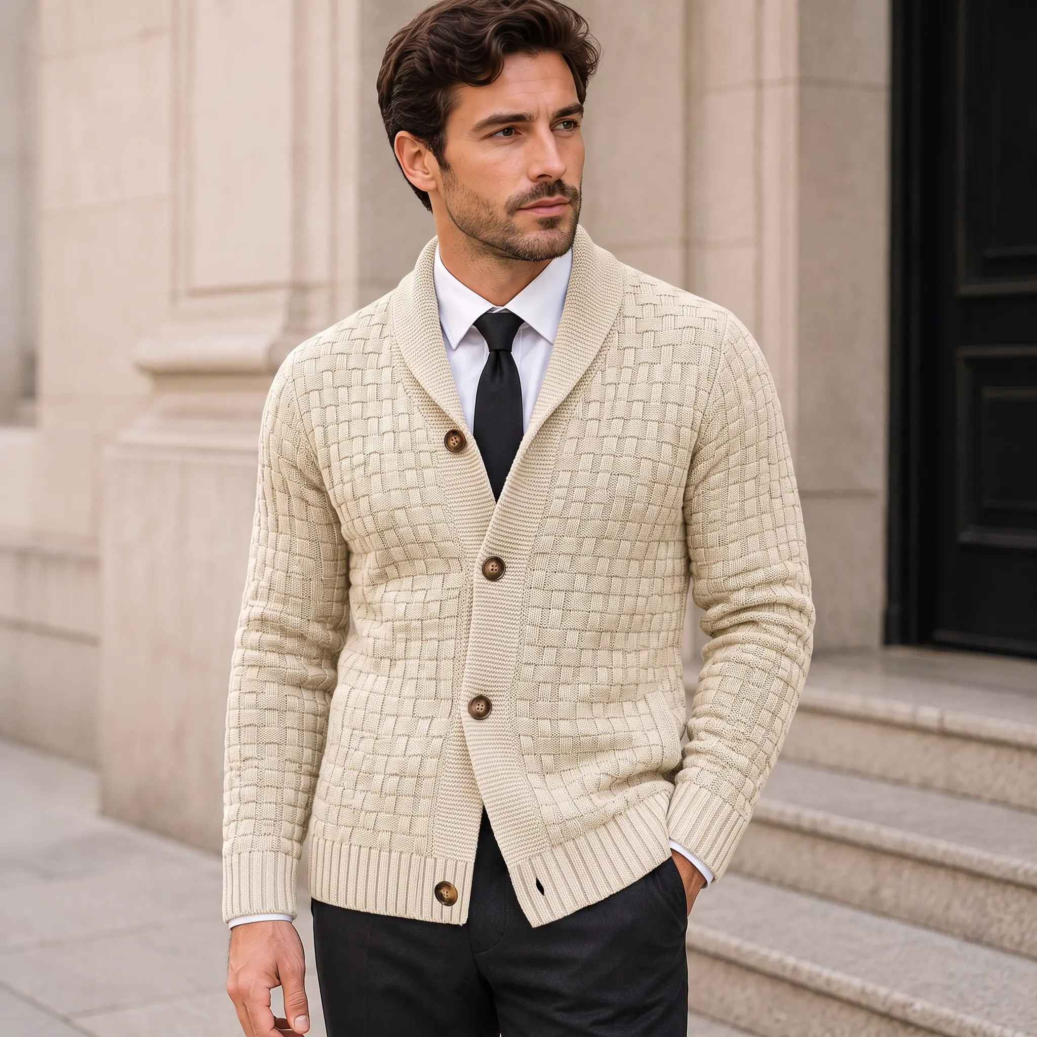 Men’s Textured Waffle Knit Cardigan Sweater - Elegant Menswear Knitwear Top with Wood-Grain Large Buttons, Long Sleeves, Front Opening, Polyester Casual Outerwear for Autumn-Winter Layering, Dry Clean Recommended