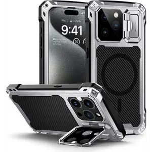 for iPhone 15 Pro Max Metal Case, [Built-in Camera Kickstand & Glass Screen Protector] Protective Heavy Duty Full Body Military Rugged Shockproof Magnetic Cover (Black)