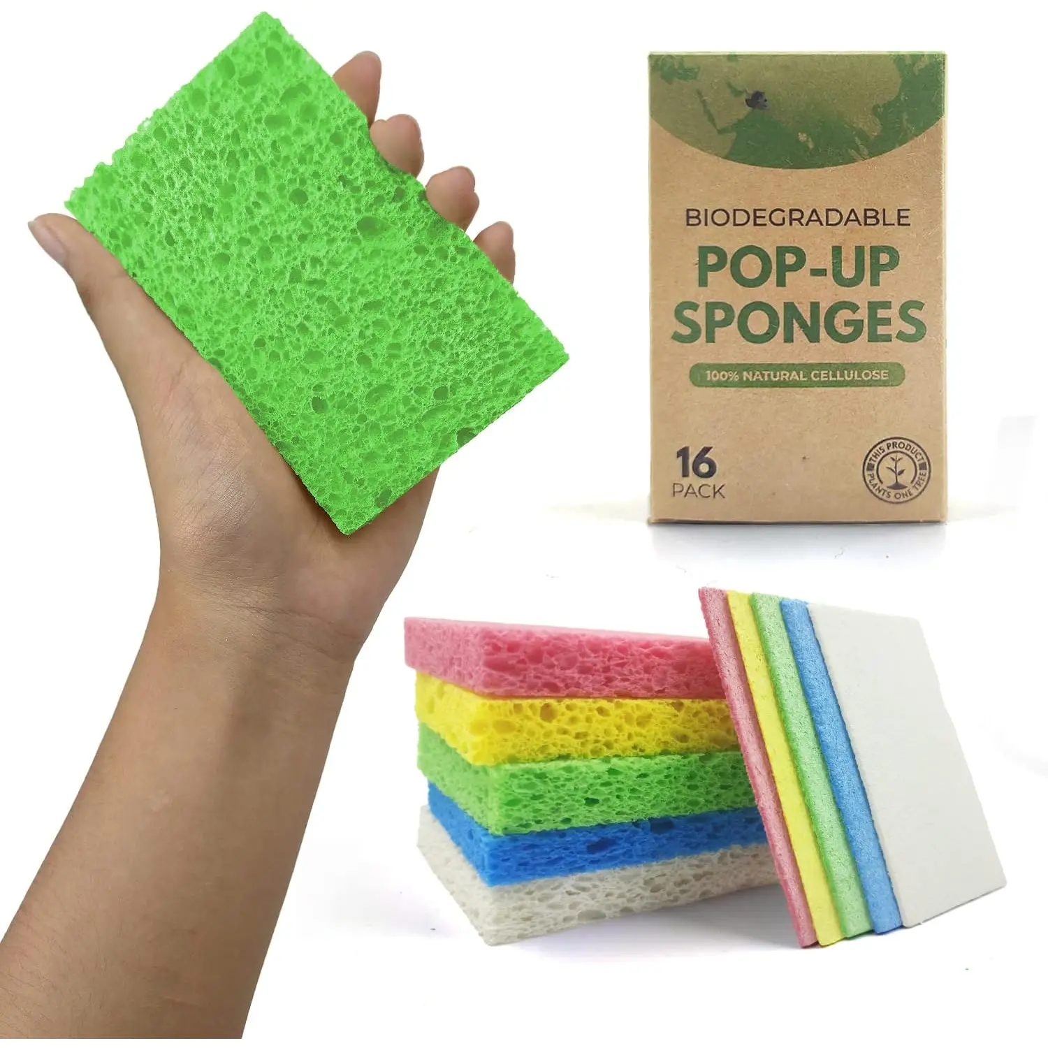Biodegradable Cellulose Compressed Sponges - Pack of 16 Compostable Kitchen Pop Up Bulk - Non Scratch Multicolor  Dish Sponges - Heavy Duty Multipurpose