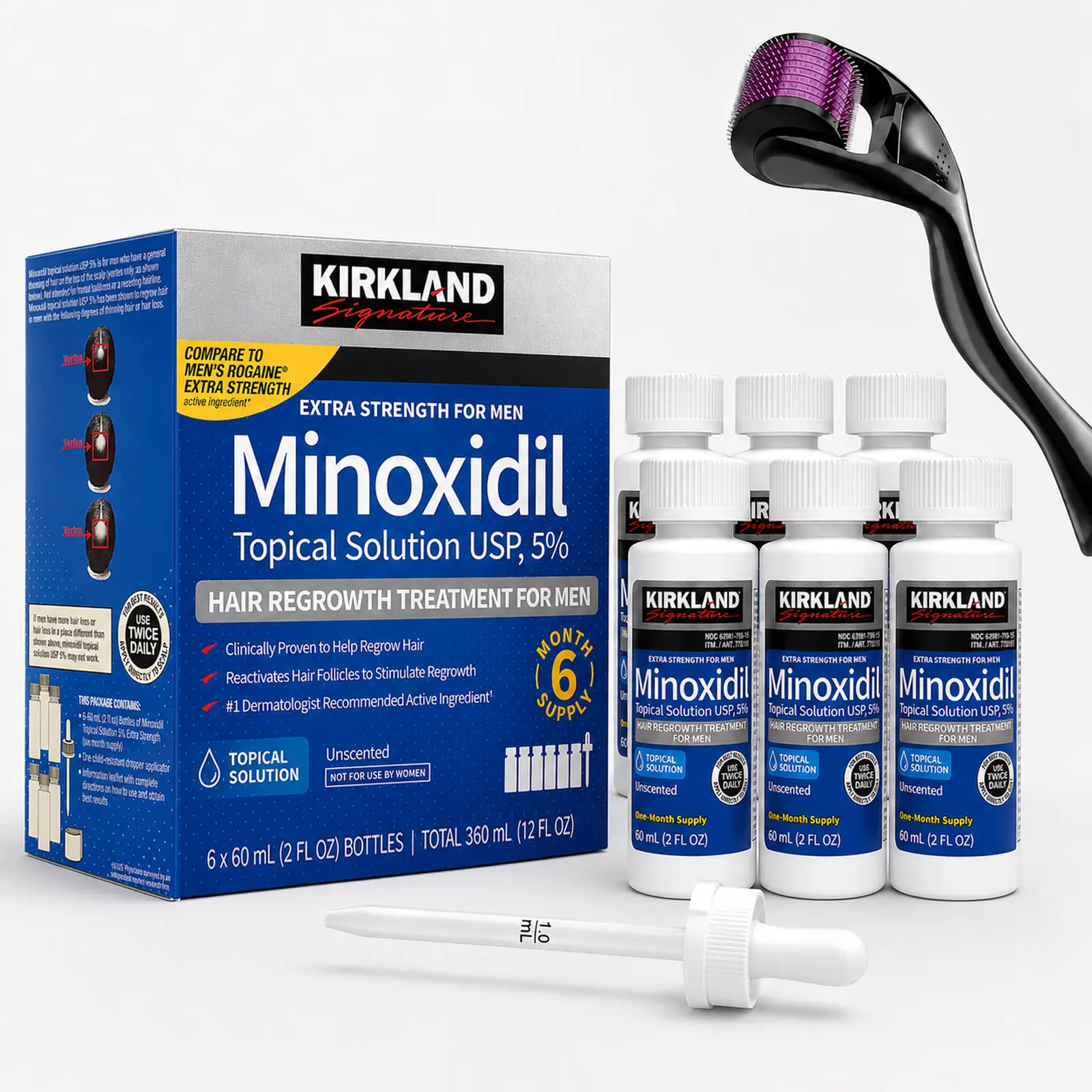 Kirkland Signature 5% Minoxidil Topical Liquid for Thicker & Fuller Looking Hair - Premium Men's Grooming & Nourishing Personal Care Routine with Precision Dropper